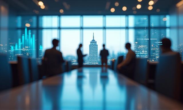 Modern professional office environment with data screens